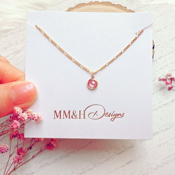 New Dainty Mini Pink Cubic Zirconia on 14k Yellow Gold Filled Chain Necklace - Picture 1 of 6